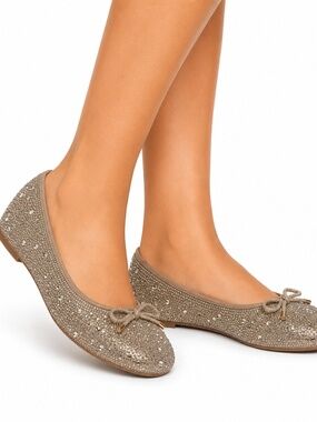 Torrid Rhinestone Ballet Flats Champagne Glitter Bow Round Toe Women's Size 11WW